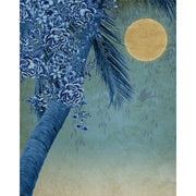 Indigo moon palm blind design in blue, green and yellow, full view